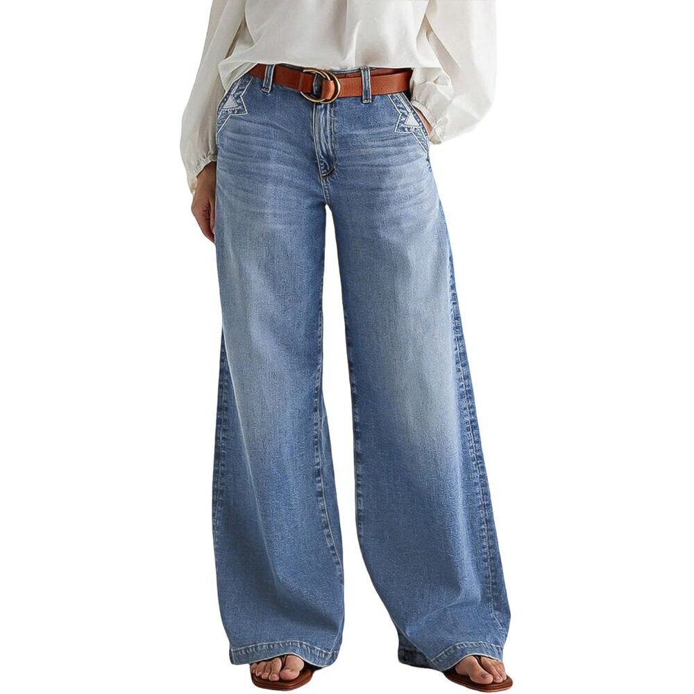 Wide Leg Jeans Women Cotton Spandex High Rise Baggy Wash Stitch Pants